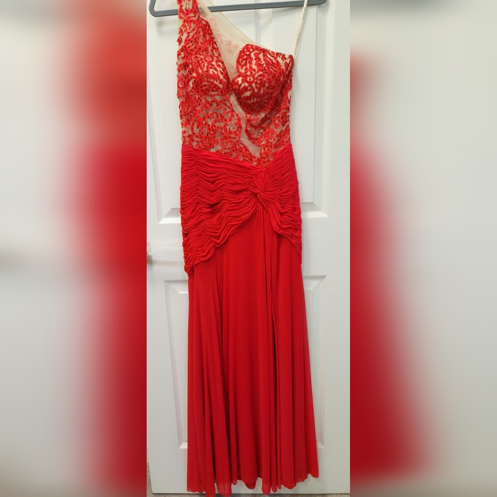 Sherri Hill One-Shoulder Red Beaded Illusion Gown Dress with Slit, Size 4